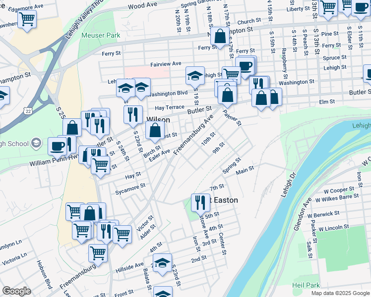 map of restaurants, bars, coffee shops, grocery stores, and more near 1014 Center Street in Easton