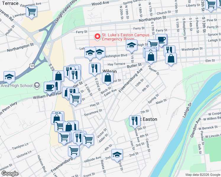 map of restaurants, bars, coffee shops, grocery stores, and more near 2105 Hay Street in Easton