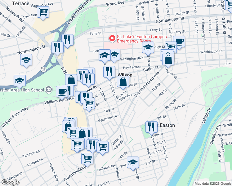 map of restaurants, bars, coffee shops, grocery stores, and more near 2248 Birch Street in Easton