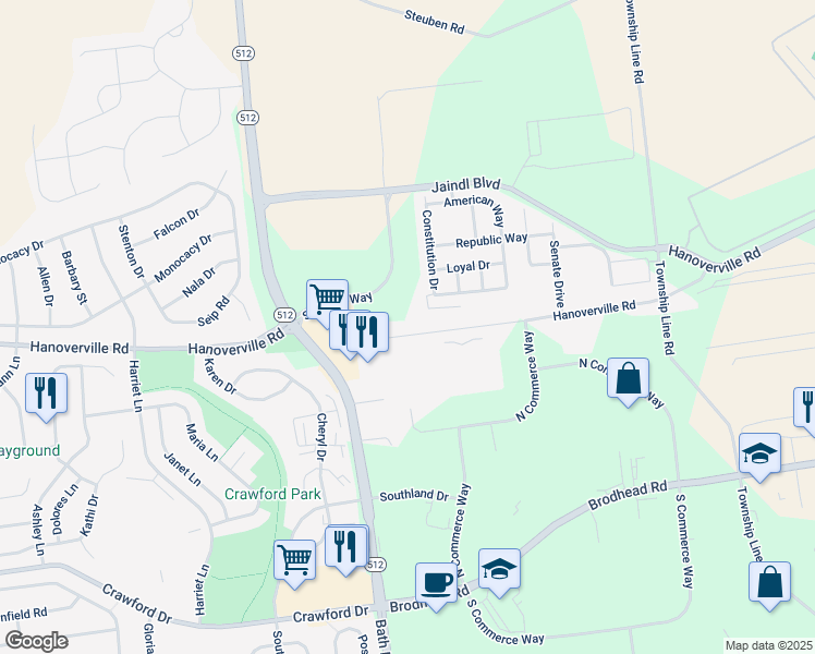 map of restaurants, bars, coffee shops, grocery stores, and more near 5360 Hanoverville Road in Bethlehem
