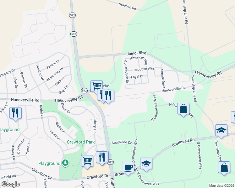 map of restaurants, bars, coffee shops, grocery stores, and more near 5360 Hanoverville Road in Bethlehem