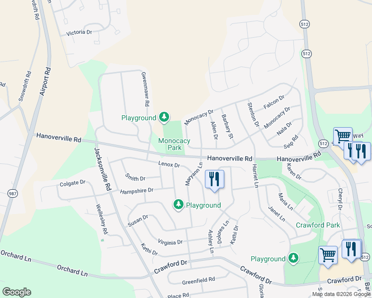 map of restaurants, bars, coffee shops, grocery stores, and more near 5865 Hanoverville Road in Bethlehem