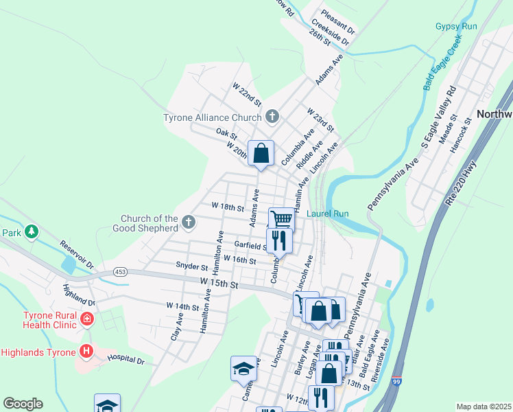 map of restaurants, bars, coffee shops, grocery stores, and more near 423 W 18th St in Tyrone