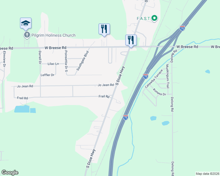 map of restaurants, bars, coffee shops, grocery stores, and more near 1610 Frail Road in Cridersville