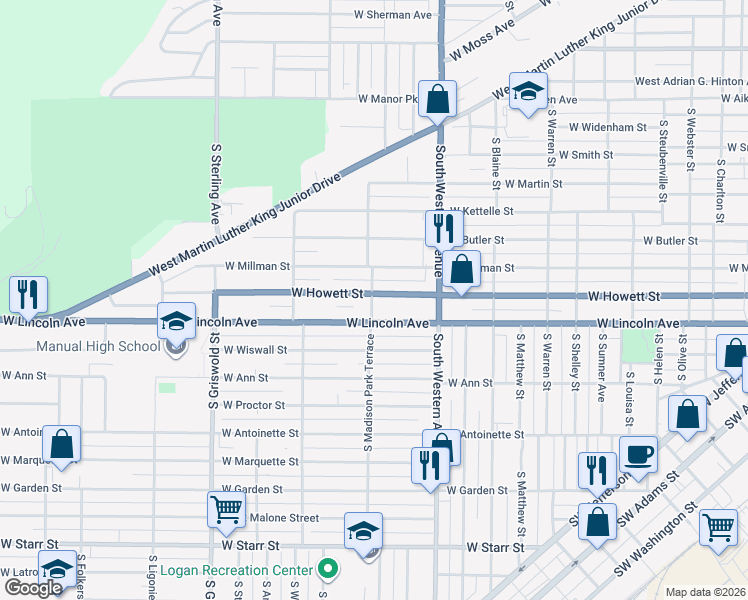 map of restaurants, bars, coffee shops, grocery stores, and more near 2111 West Lincoln Avenue in Peoria