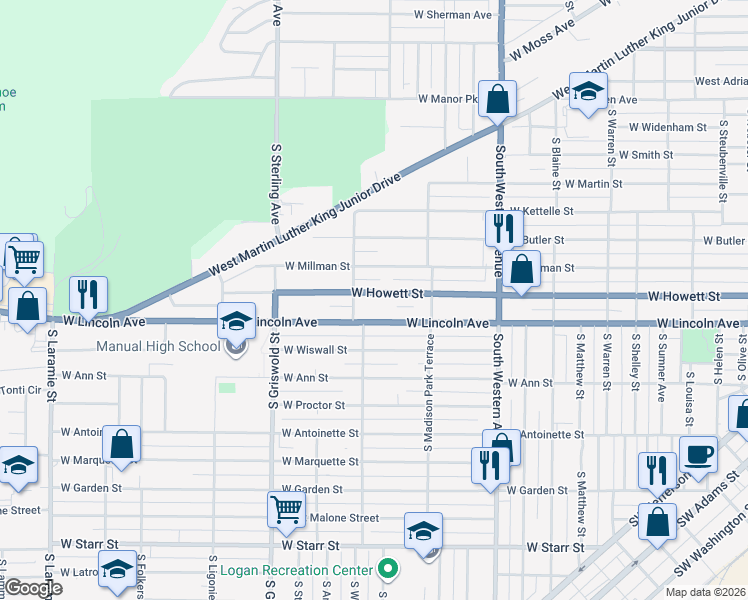 map of restaurants, bars, coffee shops, grocery stores, and more near 2203 West Lincoln Avenue in Peoria