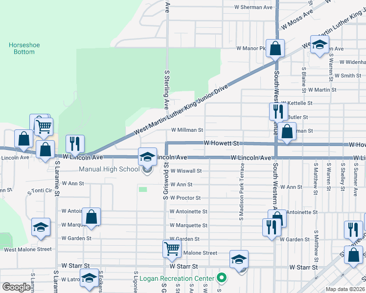 map of restaurants, bars, coffee shops, grocery stores, and more near 2337 West Lincoln Avenue in Peoria