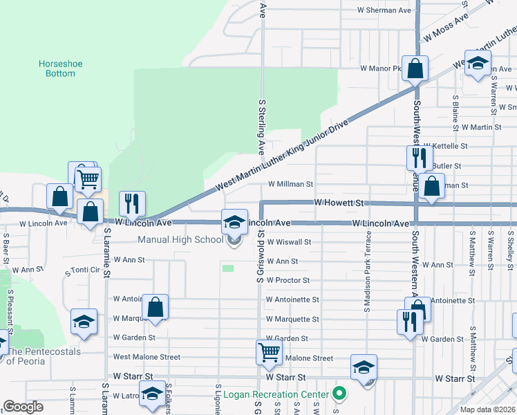 map of restaurants, bars, coffee shops, grocery stores, and more near 2425 W Lincoln Ave in Peoria