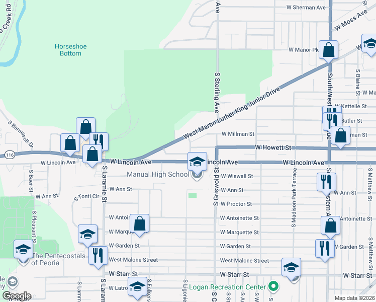 map of restaurants, bars, coffee shops, grocery stores, and more near 2709 West Lincoln Avenue in Peoria