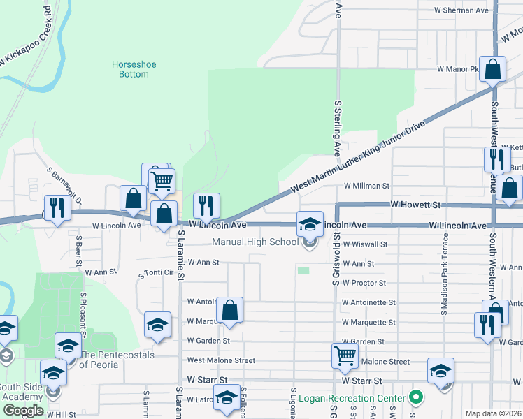 map of restaurants, bars, coffee shops, grocery stores, and more near 2803 West Lincoln Avenue in Peoria