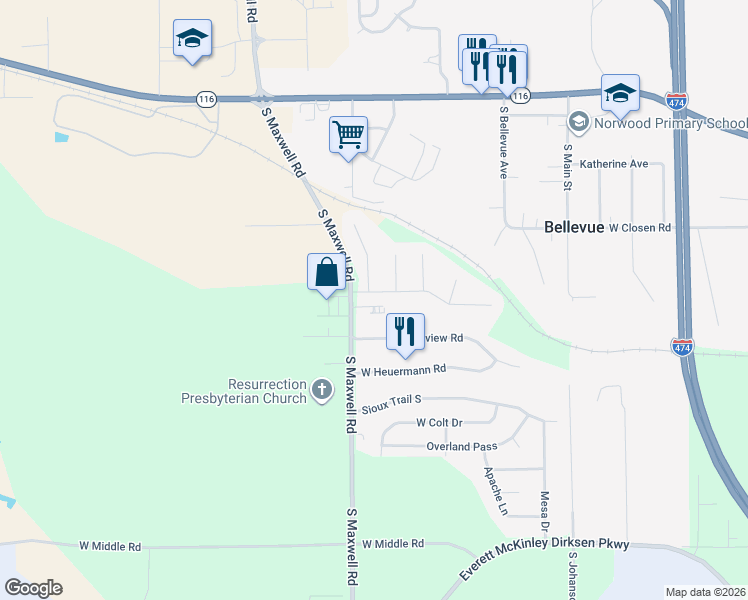 map of restaurants, bars, coffee shops, grocery stores, and more near 618 S Maxwell Rd in Peoria
