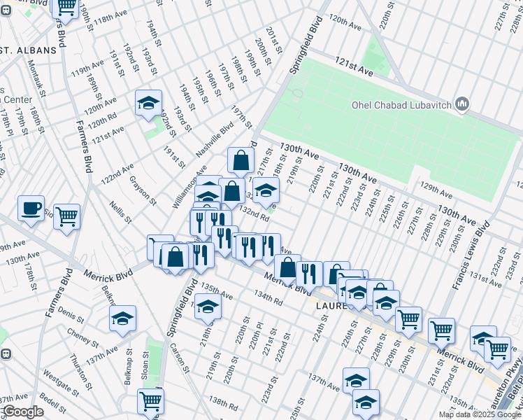 map of restaurants, bars, coffee shops, grocery stores, and more near 132-15 218th Street in Queens
