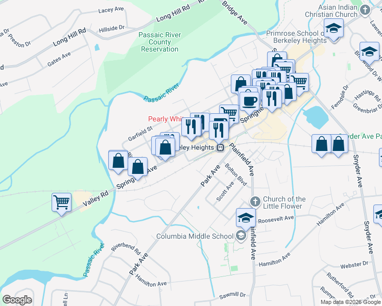 map of restaurants, bars, coffee shops, grocery stores, and more near 94 Sherman Avenue in Berkeley Heights