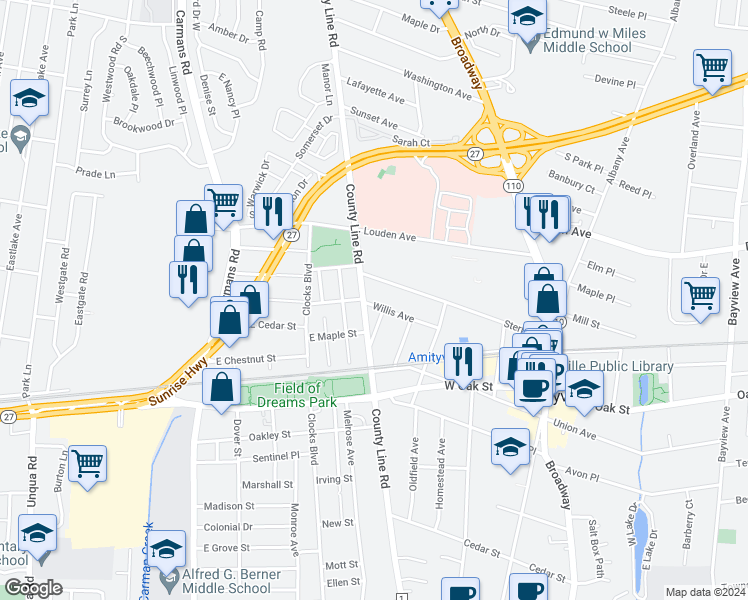map of restaurants, bars, coffee shops, grocery stores, and more near 65 Willis Avenue in Amityville