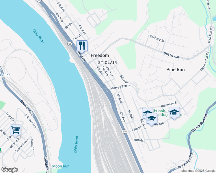 map of restaurants, bars, coffee shops, grocery stores, and more near 1251 4th Avenue in Freedom
