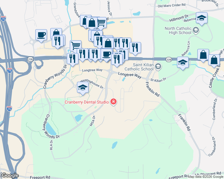 map of restaurants, bars, coffee shops, grocery stores, and more near 10015 Pendleton Way in Cranberry Township