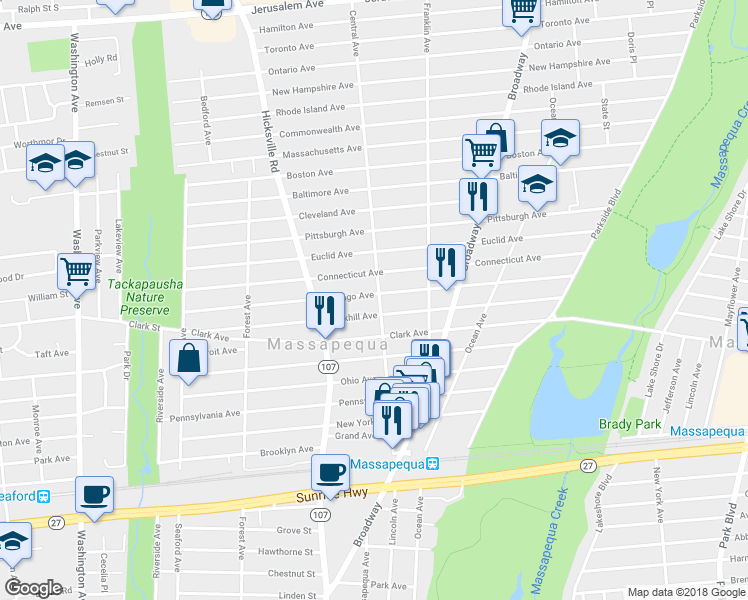 map of restaurants, bars, coffee shops, grocery stores, and more near 573 Central Avenue in Massapequa