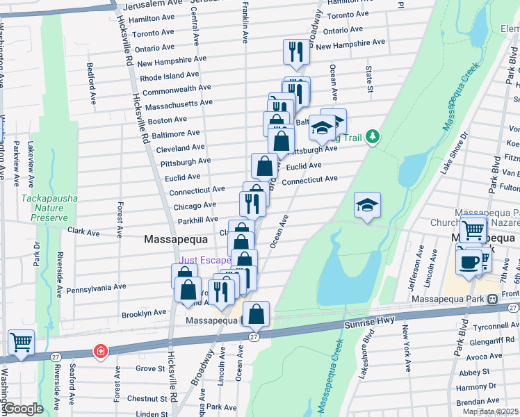 map of restaurants, bars, coffee shops, grocery stores, and more near 569 Broadway in Massapequa