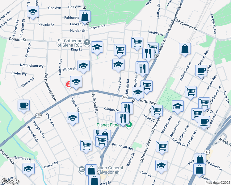 map of restaurants, bars, coffee shops, grocery stores, and more near 1341 North Avenue in Elizabeth