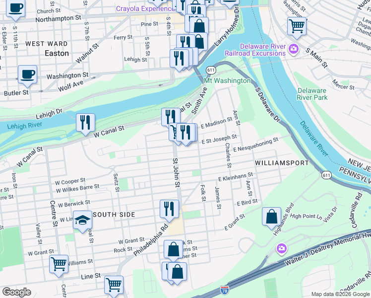 map of restaurants, bars, coffee shops, grocery stores, and more near 152 West Nesquehoning Street in Easton