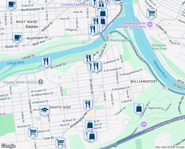 map of restaurants, bars, coffee shops, grocery stores, and more near 152 West Nesquehoning Street in Easton