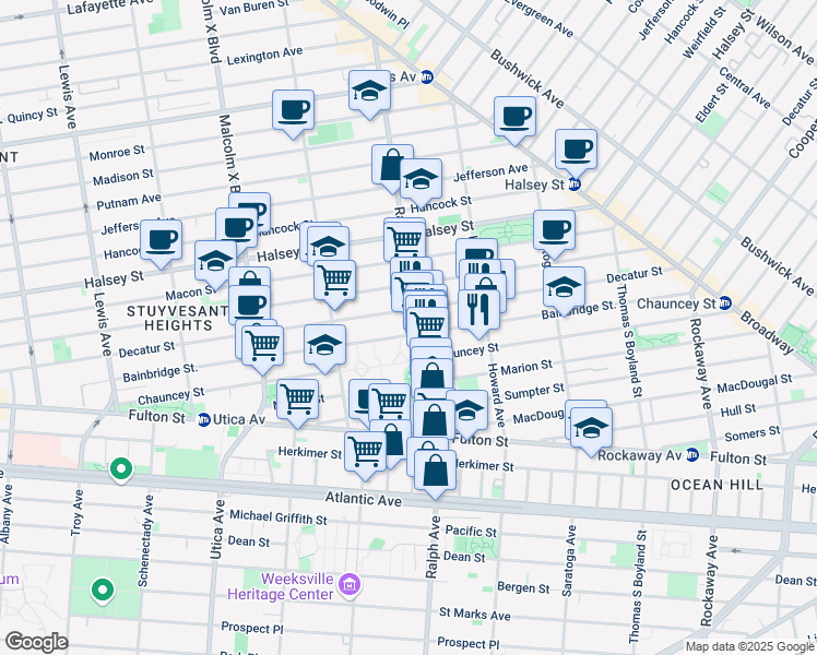 map of restaurants, bars, coffee shops, grocery stores, and more near 235 Ralph Avenue in Brooklyn