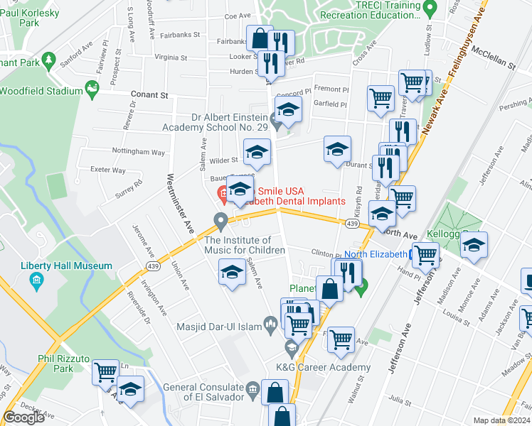 map of restaurants, bars, coffee shops, grocery stores, and more near 2 North Avenue in Elizabeth