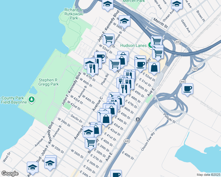map of restaurants, bars, coffee shops, grocery stores, and more near 45 West 46th Street in Bayonne
