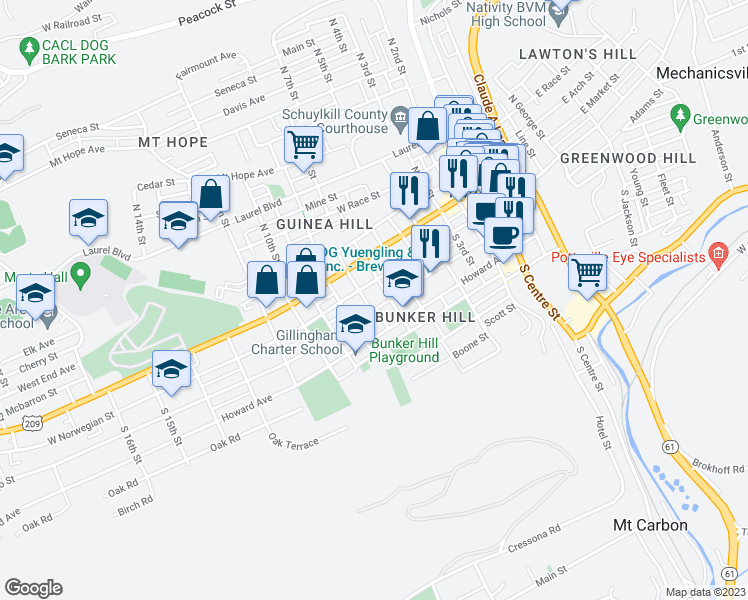 map of restaurants, bars, coffee shops, grocery stores, and more near 714 Mahantongo Street in Pottsville