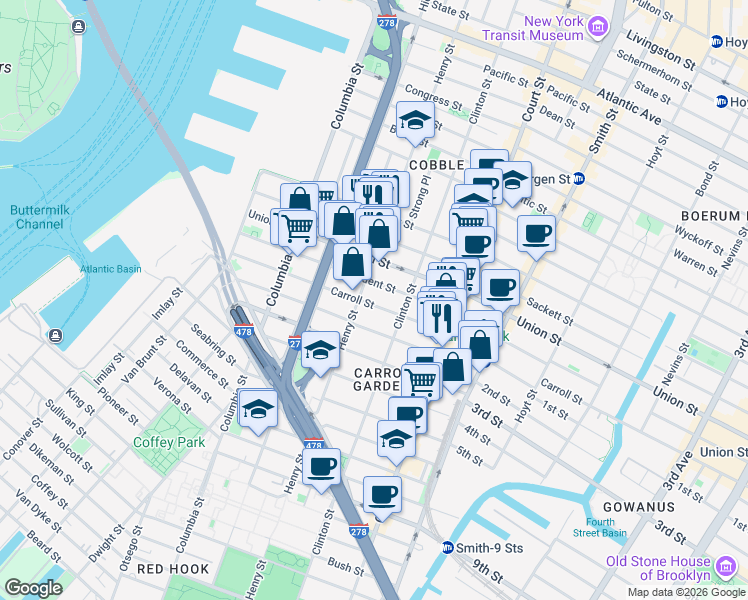 map of restaurants, bars, coffee shops, grocery stores, and more near 166 Carroll Street in Brooklyn