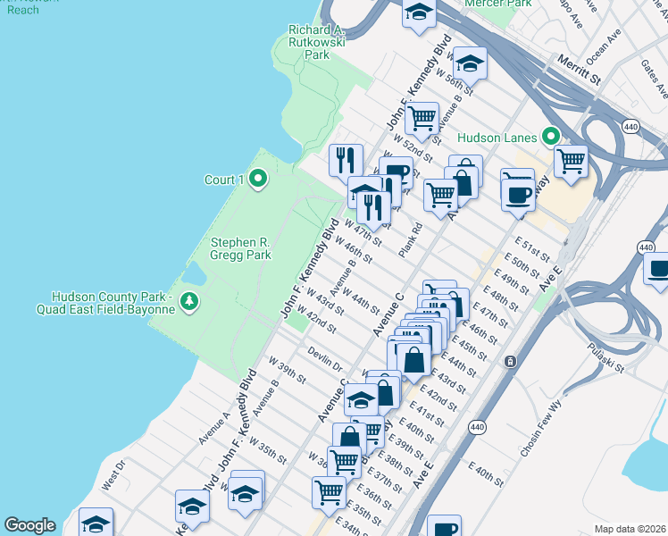 map of restaurants, bars, coffee shops, grocery stores, and more near 135 Avenue B in Bayonne