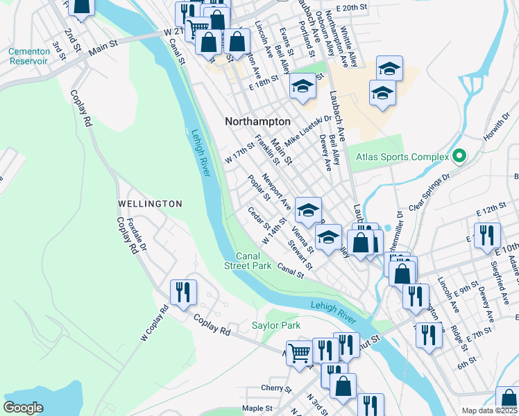 map of restaurants, bars, coffee shops, grocery stores, and more near 1449 Doris Street in Northampton