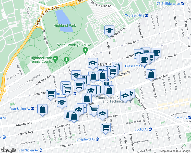map of restaurants, bars, coffee shops, grocery stores, and more near 133 Highland Place in Brooklyn