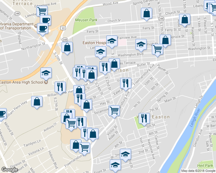 map of restaurants, bars, coffee shops, grocery stores, and more near 601 South 23rd Street in Easton