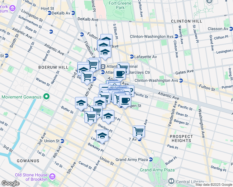 map of restaurants, bars, coffee shops, grocery stores, and more near 179 Flatbush Avenue in Brooklyn