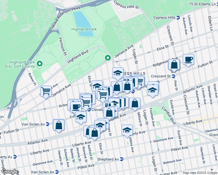 map of restaurants, bars, coffee shops, grocery stores, and more near 140 Shepherd Avenue in Brooklyn