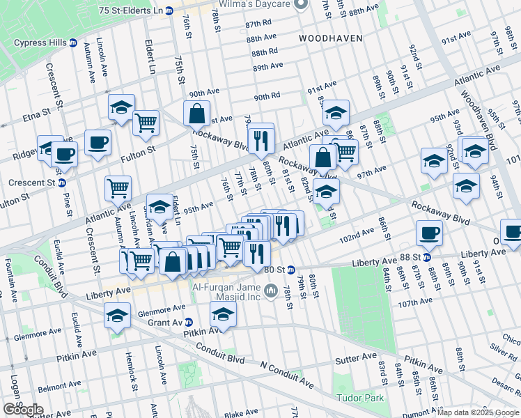 map of restaurants, bars, coffee shops, grocery stores, and more near 76-18 97th Avenue in Queens