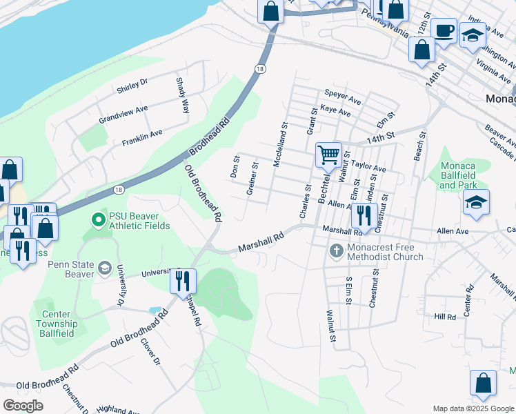 map of restaurants, bars, coffee shops, grocery stores, and more near 1173 Greiner Street in Monaca