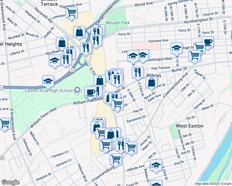 map of restaurants, bars, coffee shops, grocery stores, and more near 2440 Butler Street in Easton