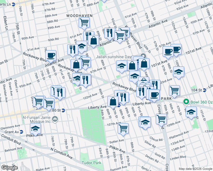 map of restaurants, bars, coffee shops, grocery stores, and more near 86-22 102nd Avenue in Queens