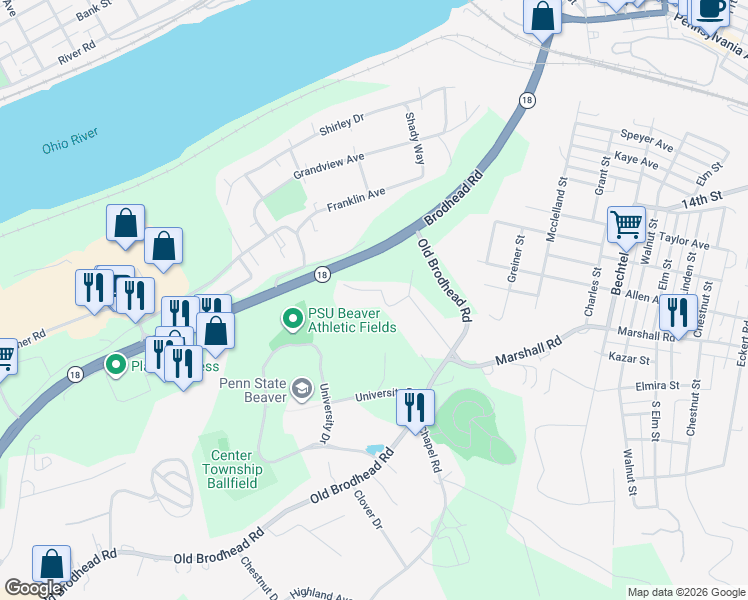 map of restaurants, bars, coffee shops, grocery stores, and more near 103 Lawrence Lane in Monaca