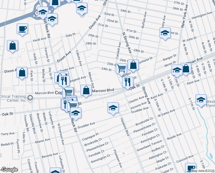 map of restaurants, bars, coffee shops, grocery stores, and more near 1245 Marconi Boulevard in Copiague