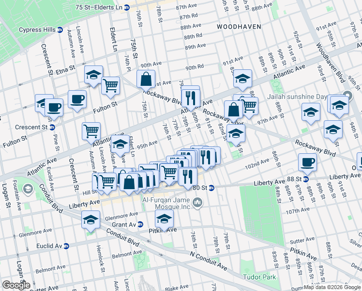 map of restaurants, bars, coffee shops, grocery stores, and more near 76-18 97th Avenue in Queens