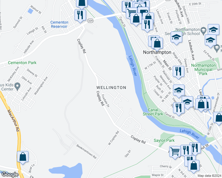 map of restaurants, bars, coffee shops, grocery stores, and more near 5025 Foxrun Lane in Lehigh County