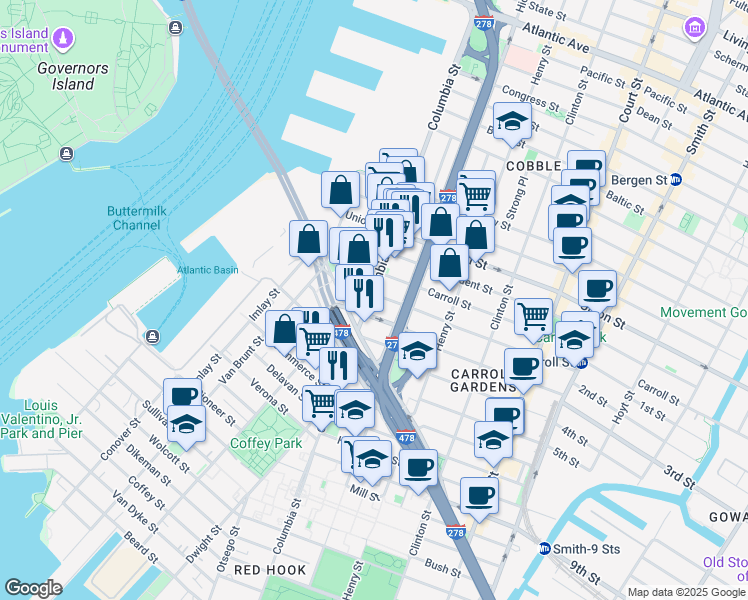 map of restaurants, bars, coffee shops, grocery stores, and more near 8 Woodhull Street in Brooklyn