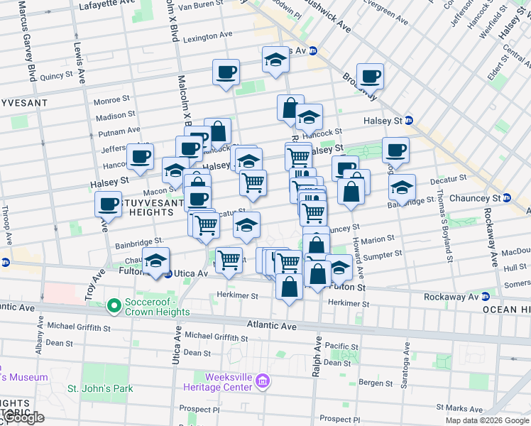 map of restaurants, bars, coffee shops, grocery stores, and more near 324 Bainbridge Street in Brooklyn