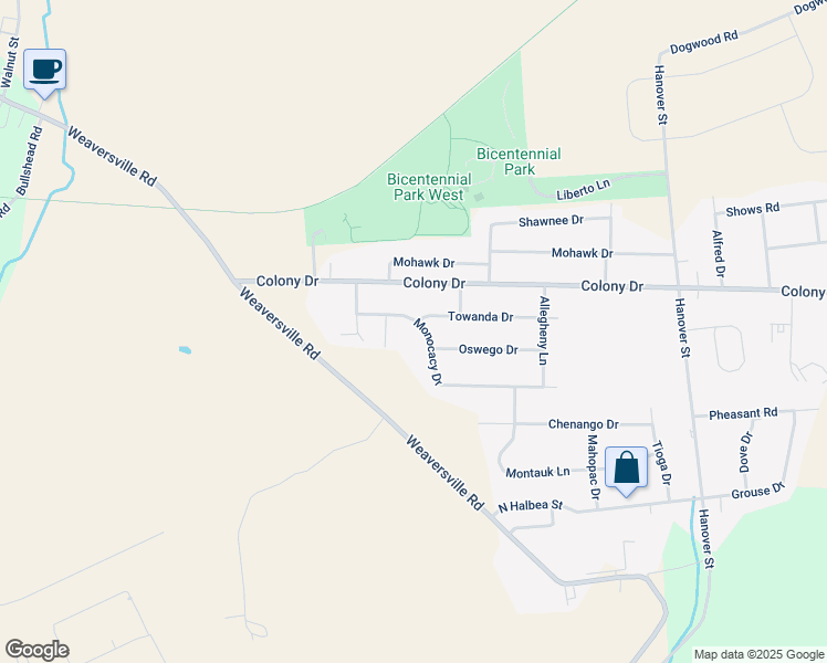 map of restaurants, bars, coffee shops, grocery stores, and more near 5395 Monocacy Drive in Bethlehem
