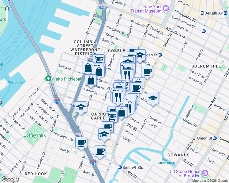 map of restaurants, bars, coffee shops, grocery stores, and more near 423 Clinton Street in Brooklyn