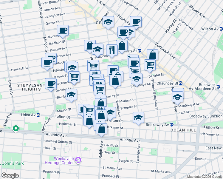 map of restaurants, bars, coffee shops, grocery stores, and more near 412 Bainbridge Street in Brooklyn
