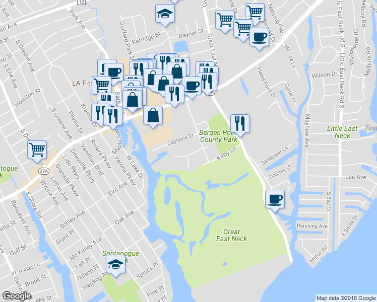 map of restaurants, bars, coffee shops, grocery stores, and more near 111 Milligan Road in West Babylon